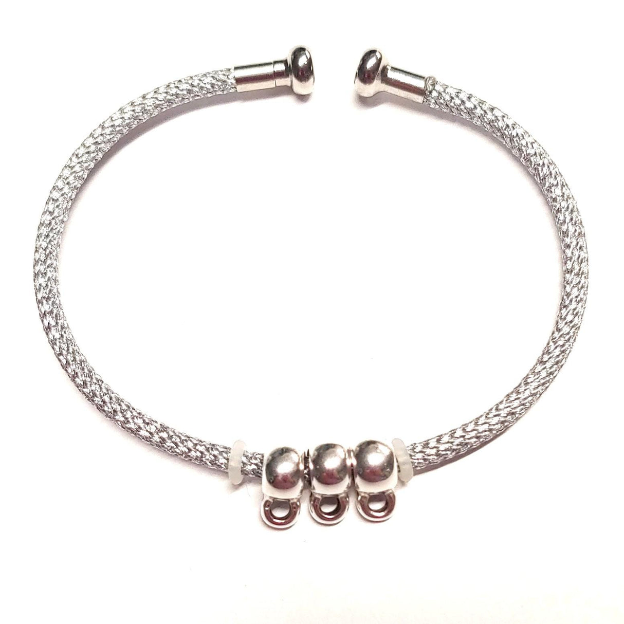 Embellishable Metal Cuff with Thread, 1 threaded removable end. 7.5"- and 3 Charm holders with loop