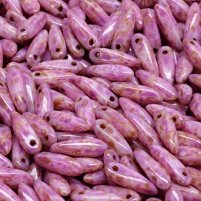 Dagger Bead White Travertine Pink Spotted, Czech Glass 3X11MM, 02010-86800-33306