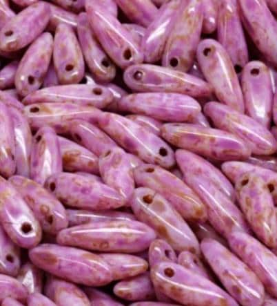 Dagger Bead White Travertine Pink Spotted, Czech Glass 3X11MM, 02010-86800-33306