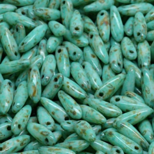 Dagger Bead White Travertine Turquoise Spotted, Czech Glass 3X11MM, 02010-86800-33310