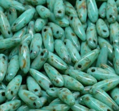 Dagger Bead White Travertine Turquoise Spotted, Czech Glass 3X11MM, 02010-86800-33310