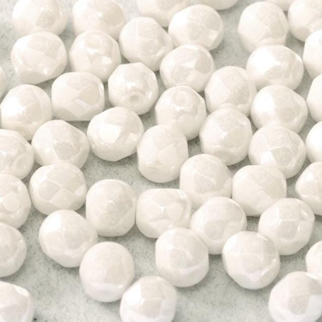 4mm Fire Polish Chalk White Shimmer, Czech glass faceted bead, 21402