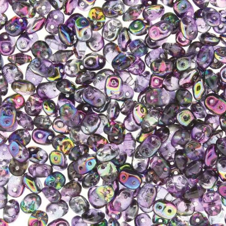 SuperDuo Crystal Magic Violet-Grey, Czech Glass 2-hole bead, 2.5x5mm