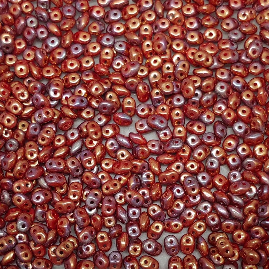 Superduo Coral Red Iris Luster, Czech Glass 2-hole bead 2x5mm, 93200-15780