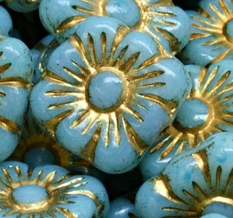 11mm Square Flower Bead - Aqua Blue w/Gold, Pressed Czech Glass-12 beads