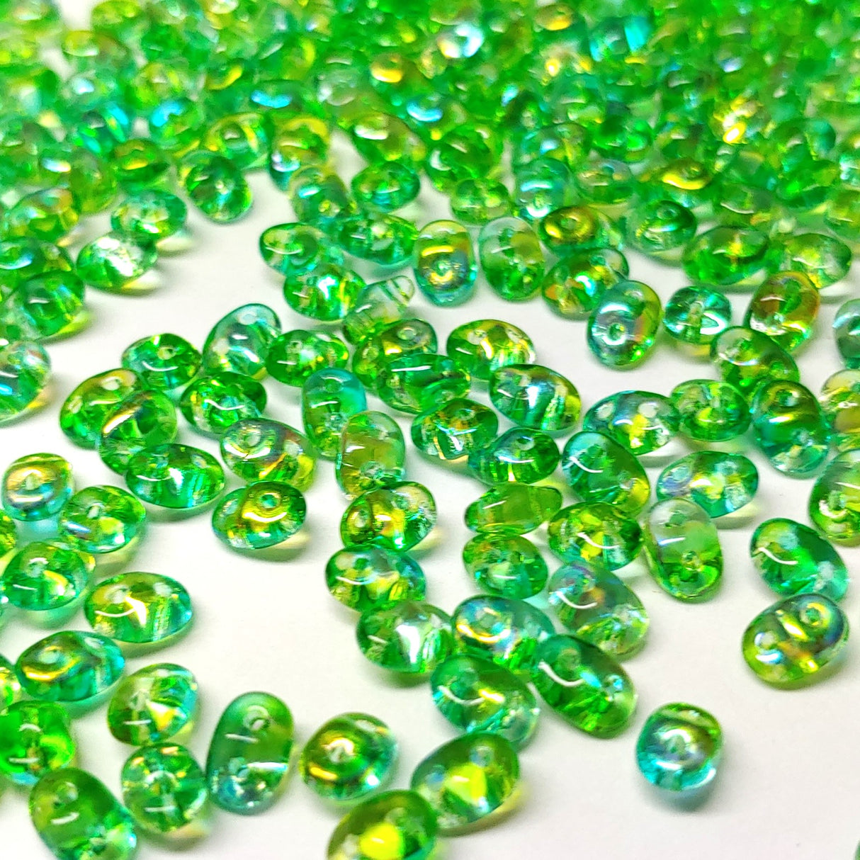 SuperDuo Summer Rainbow Green, Czech Glass  2-hole bead 2.5mm x 5mm-00030-48110, 10 grams