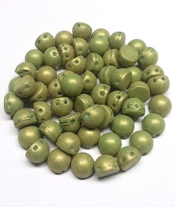 Pacifica Avocado, 2 hole Cabochon Czech Glass Beads 7mm, 8 Beads PS1005