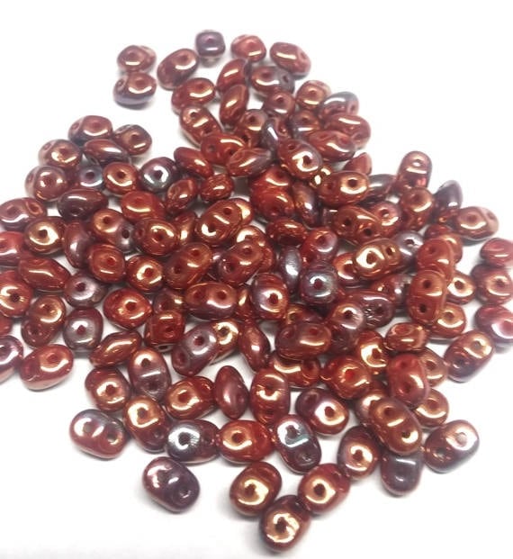 Superduo Coral Red Iris Luster, Czech Glass 2-hole bead 2x5mm, 93200-15780, 10 grams