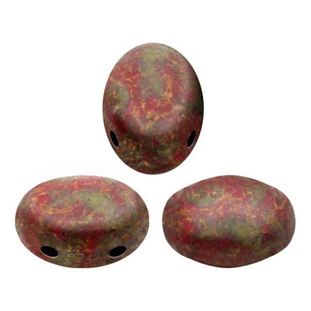 Samos® par Puca® Opaque Coral Red Deep Gold, 2 Hole 5x7mm Czech Glass 92300/15695, 25 beads or 10 grams