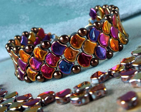 Ginko Bead Jet Red Iris, 2 hole Czech Glass beads, 23980-21495 Qty 35 beads