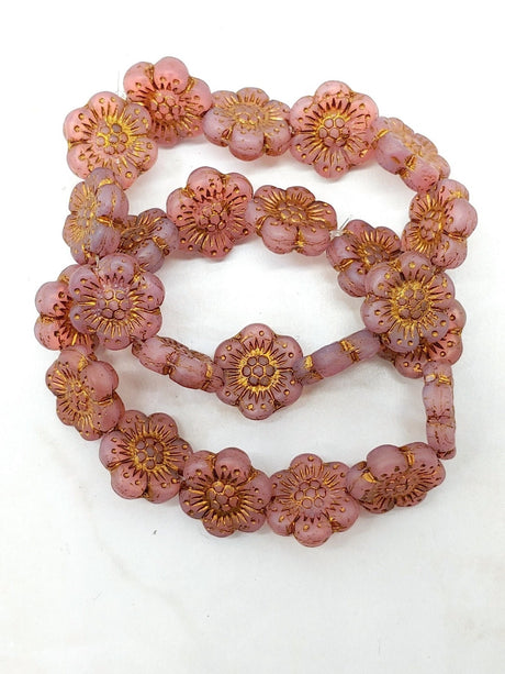 Wild Rose Pink Opaline w/Dark,Bronze Wash, 14mm Czech Glass 12 beads