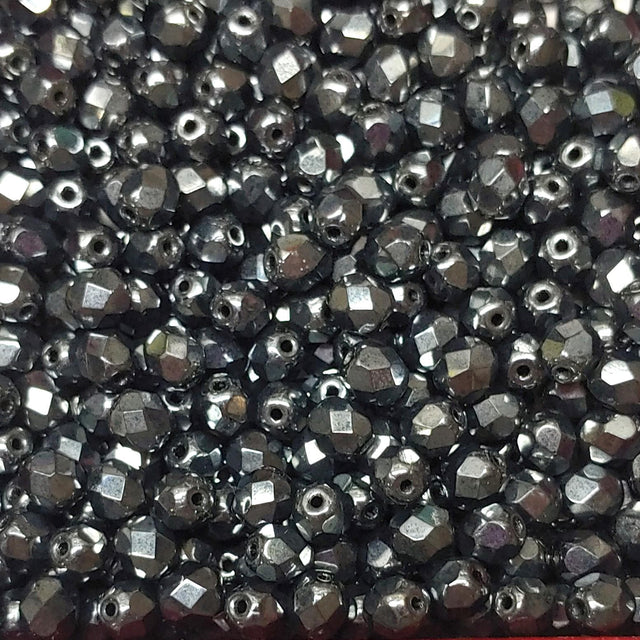 6mm Fire Polish Jet Hematite, Czech glass faceted round bead, 23980-14400-25 beads