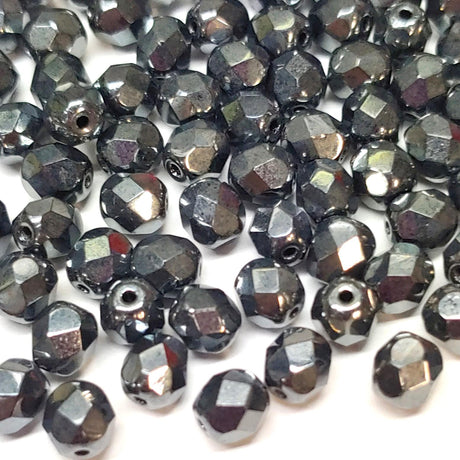 6mm Fire Polish Jet Hematite, Czech glass faceted round bead, 23980-14400-25 beads