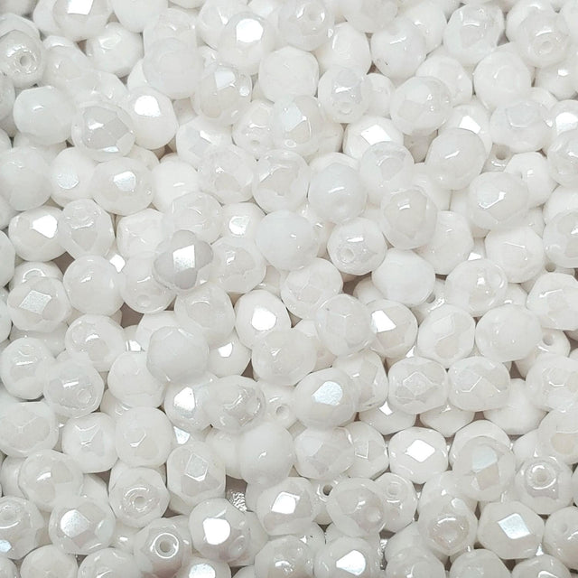 6mm Fire Polish Chalk White Shimmer, Czech glass faceted round, 03000-21402-25 beads
