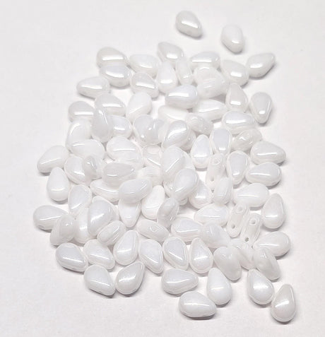 Round DropDuo White Shimmer, 2-Hole Czech Glass 5x7MM, 20060-50 Beads