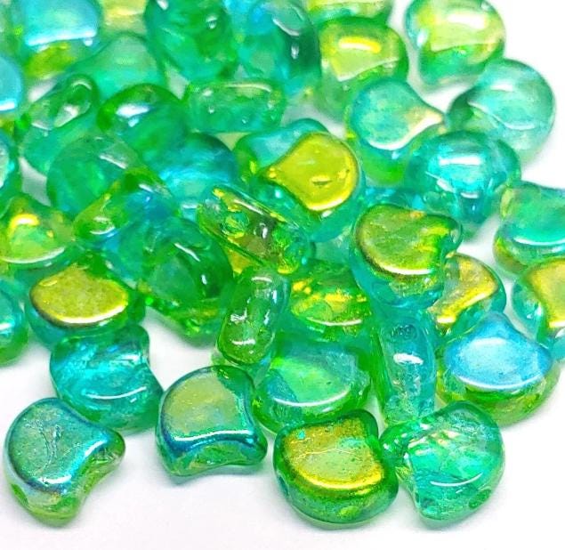 Ginko Bead Green Summer Rainbow, 2-Hole Czech Glass 7.5x7.5mm, 48110-35 Beads
