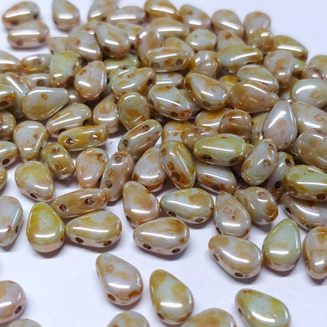 Round DropDuo White Green Luster, 2-Hole Czech Glass 5x7MM, 65455-50 Beads