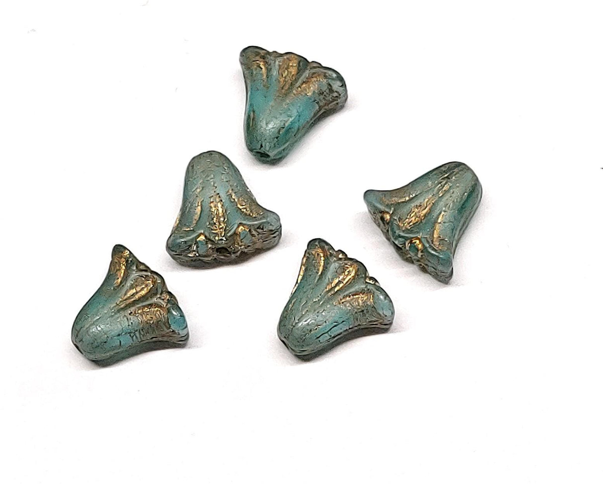 Lily Bead 9x10mm, Aque Blue Transparent w/White Core, Matte Gold Wash - 10 Beads