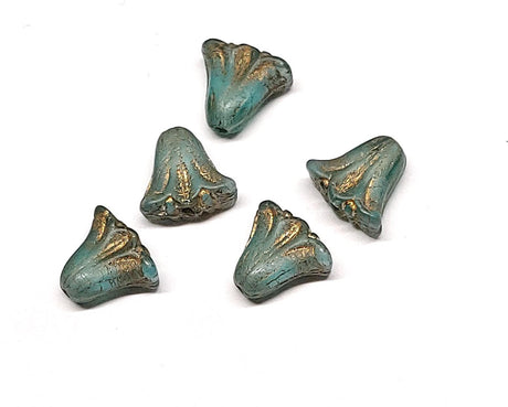 Lily Bead 9x10mm, Aque Blue Transparent w/White Core, Matte Gold Wash - 10 Beads