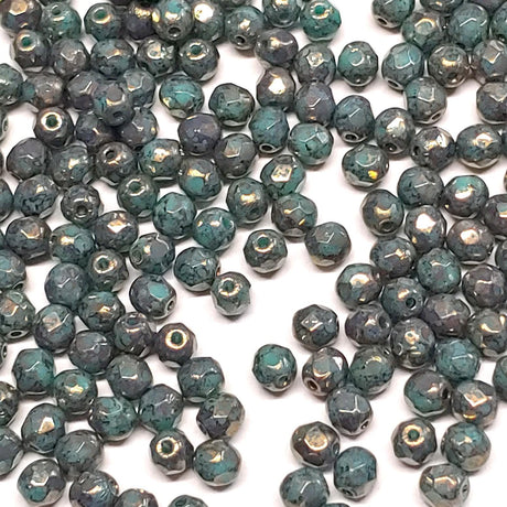4mm Fire Polish Green Turquoise Bronze Czech Glass Faceted Round Beads