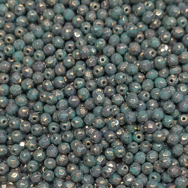 4mm Fire Polish Green Turquoise Bronze Czech Glass Faceted Round Beads