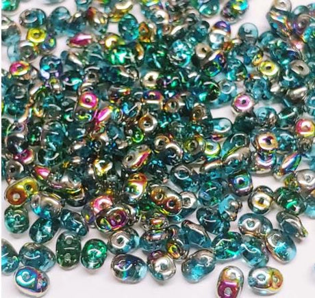 SuperDuo Aqua Vitrail, Czech Glass 2-hole bead, 2.5x5mm 28101, 10 grams