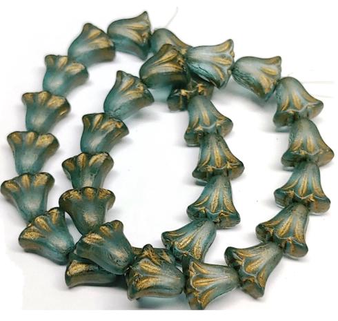 Lily Bead 9x10mm, Aqua Blue Transparent Matte w/Gold Wash, 10 Beads