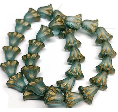 Lily Bead 9x10mm, Aqua Blue Transparent Matte w/Gold Wash, 10 Beads