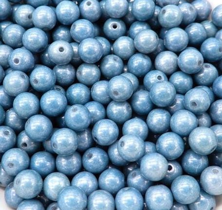 6mm Round Chalk White Baby Blue Luster Glass Beads, 14464-25 beads