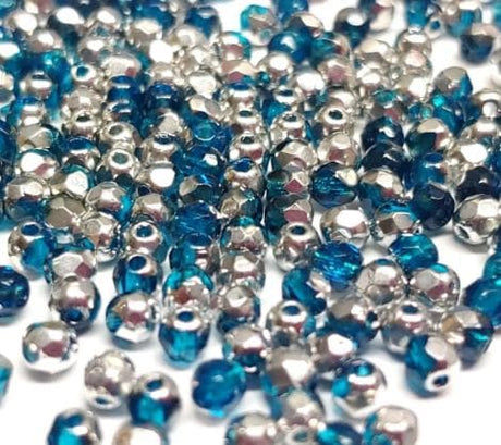 3mm Fire Polish Capri Blue Silver Half Coat, Czech glass faceted, 60080-27001