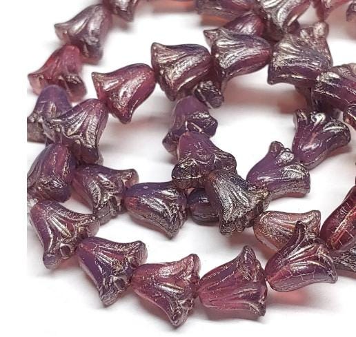 Lily Bead 9x10mm, Purple Opaline with Platinum Wash, Flower Bead - 10 beads