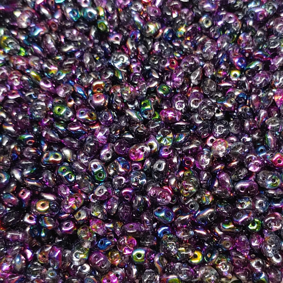 SuperDuo Crystal Magic Violet-Grey, Czech Glass 2-hole bead, 2.5x5mm, 10 grams