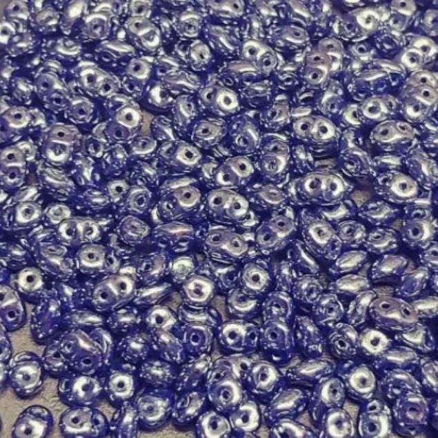 SuperDuo Navy White Luster, 2 hole bead 2.5x5mm Czech Glass Beads, 10 grams