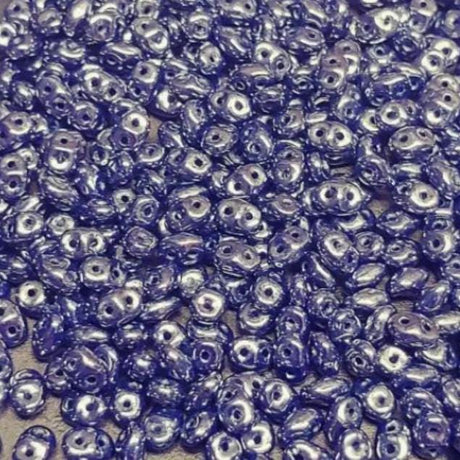SuperDuo Navy White Luster, 2 hole bead 2.5x5mm Czech Glass Beads, 10 grams