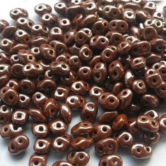 SuperDuo Opaque Chocolate White Luster, Czech Glass 2-hole bead 2.5x5mm, 13600-14400 