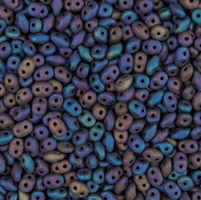 SuperDuo Jet Rainbow Iris Matte, 2 hole bead 2.5x5mm Czech Glass Beads 21105-10 Grams