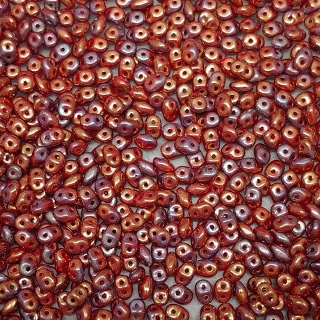 Superduo Coral Red Iris Luster, Czech Glass 2-hole bead 2x5mm, 93200-15780