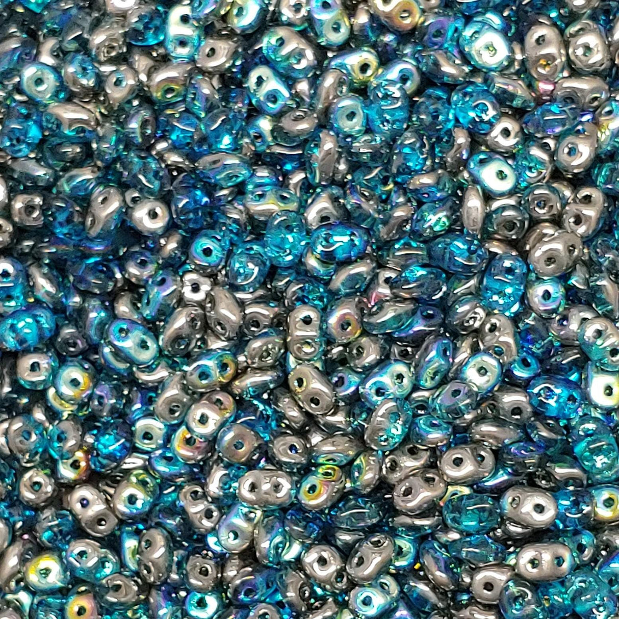 SuperDuo Aqua Graphite Rainbow, Czech Glass 2-hole bead 2.5x5mm, 10 grams