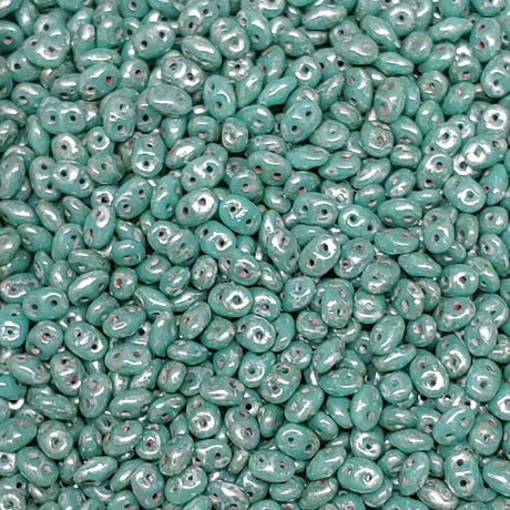SuperDuo Turquoise Green Picasso, Czech Glass 2-hole bead 2.5x5mm, 63130-43400, 10 grams