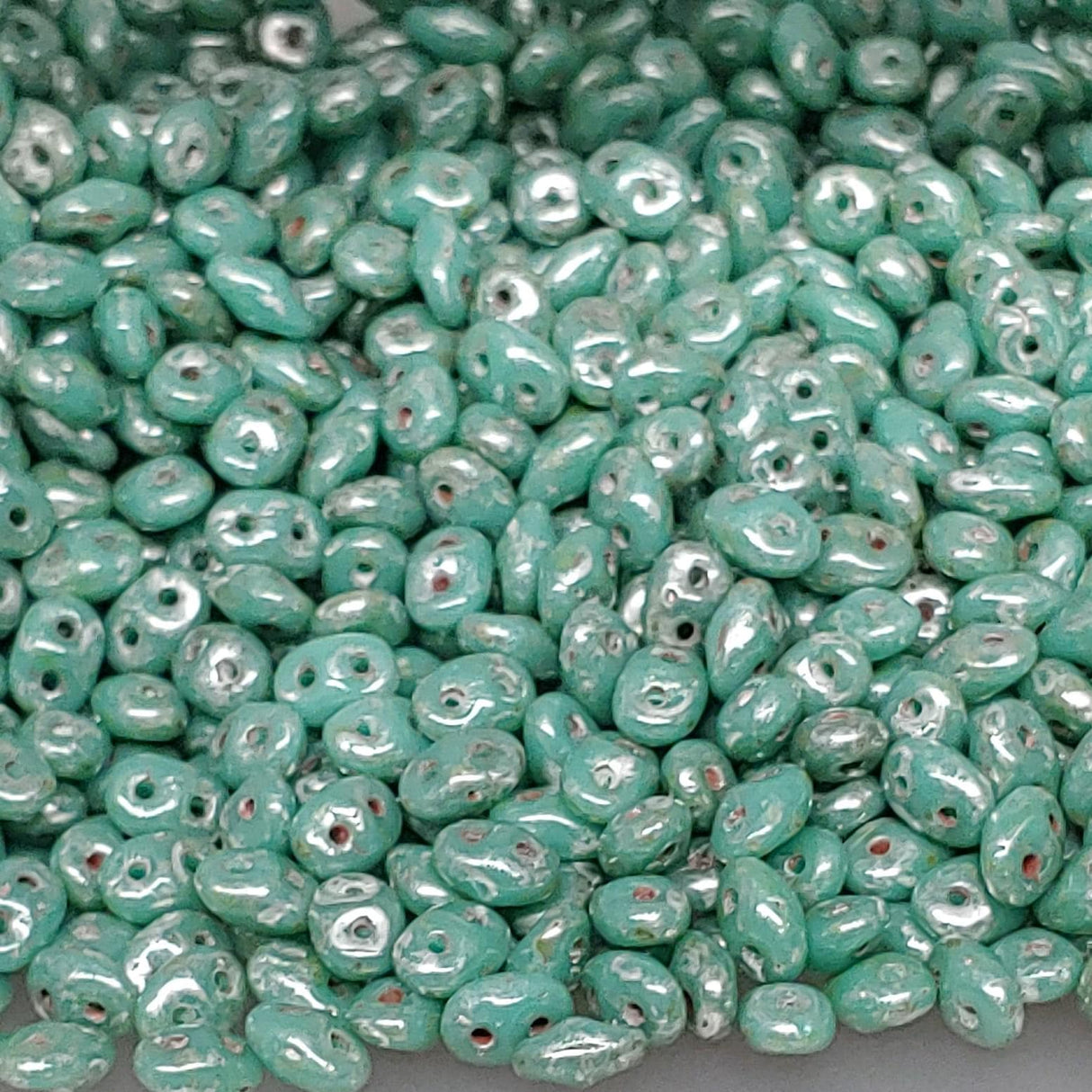 SuperDuo Turquoise Green Picasso, Czech Glass 2-hole bead 2.5x5mm, 63130-43400, 10 grams