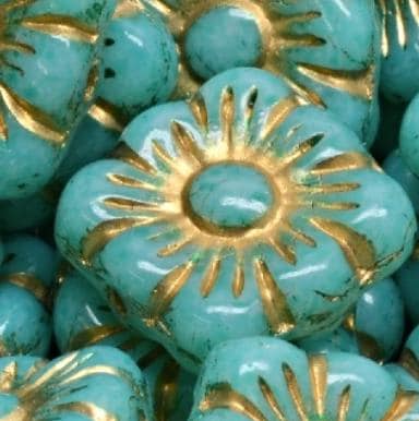 11mm Square Flower Bead - Turquoise Green w/Gold, Pressed Czech Glass-12 beads