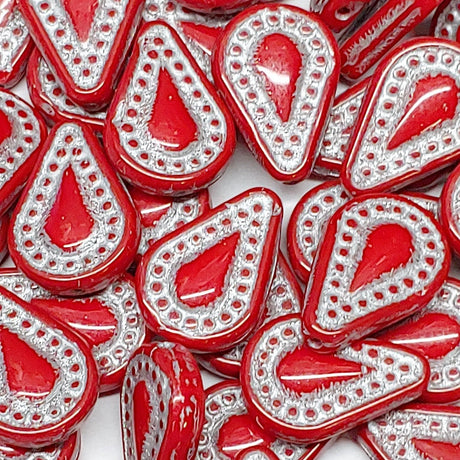 Filigree Teardrop Bead, Red-Silver Czech Glass 10x14mm, 12 beads