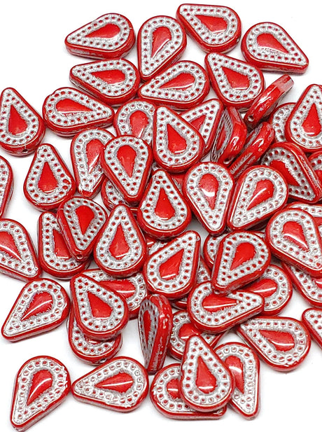 Filigree Teardrop Bead, Red-Silver Czech Glass 10x14mm, 12 beads
