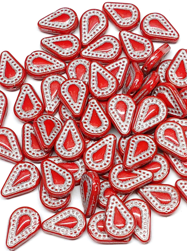 Filigree Teardrop Bead, Red-Silver Czech Glass 10x14mm, 12 beads