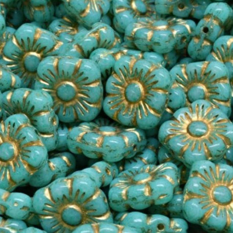 11mm Square Flower Bead - Turquoise Green w/Gold, Pressed Czech Glass-12 beads