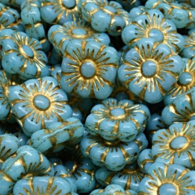 11mm Square Flower Bead - Aqua Blue w/Gold, Pressed Czech Glass