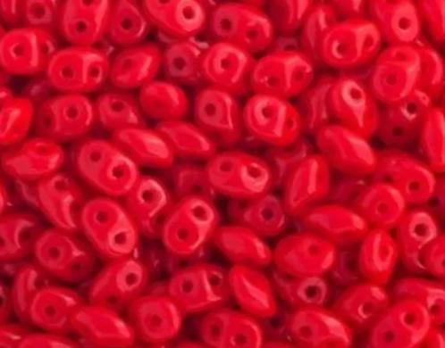 SuperDuo Opaque Coral Red, Czech Glass 2-hole bead 2.5mm x 5mm-93200, 10 grams